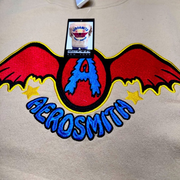 Crew Neck Sweatshirt Aerosmith Logo Front Back Sleeve Embroidered Tan XL - Picture 4 of 5